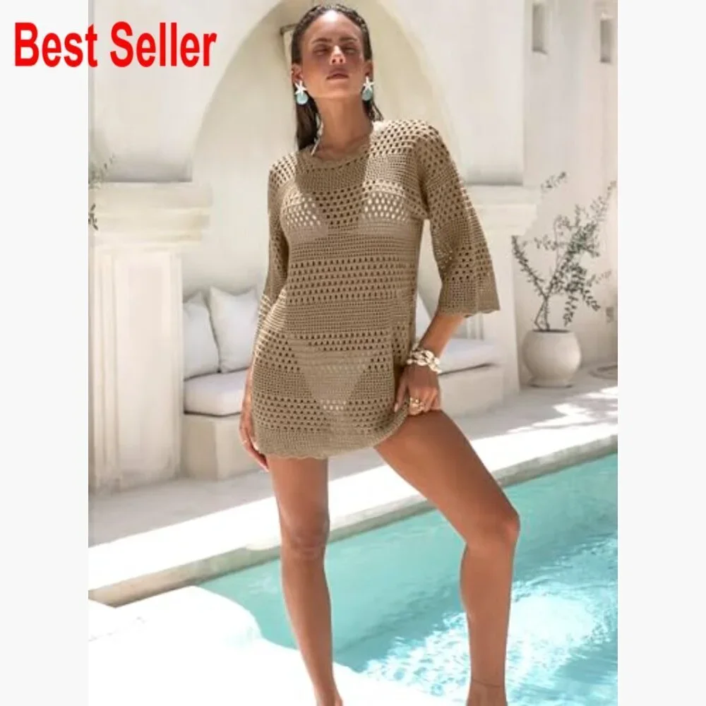 Crochet Mesh Knit Swimsuit Cover Up Mini Dress 3/4 Sleeve